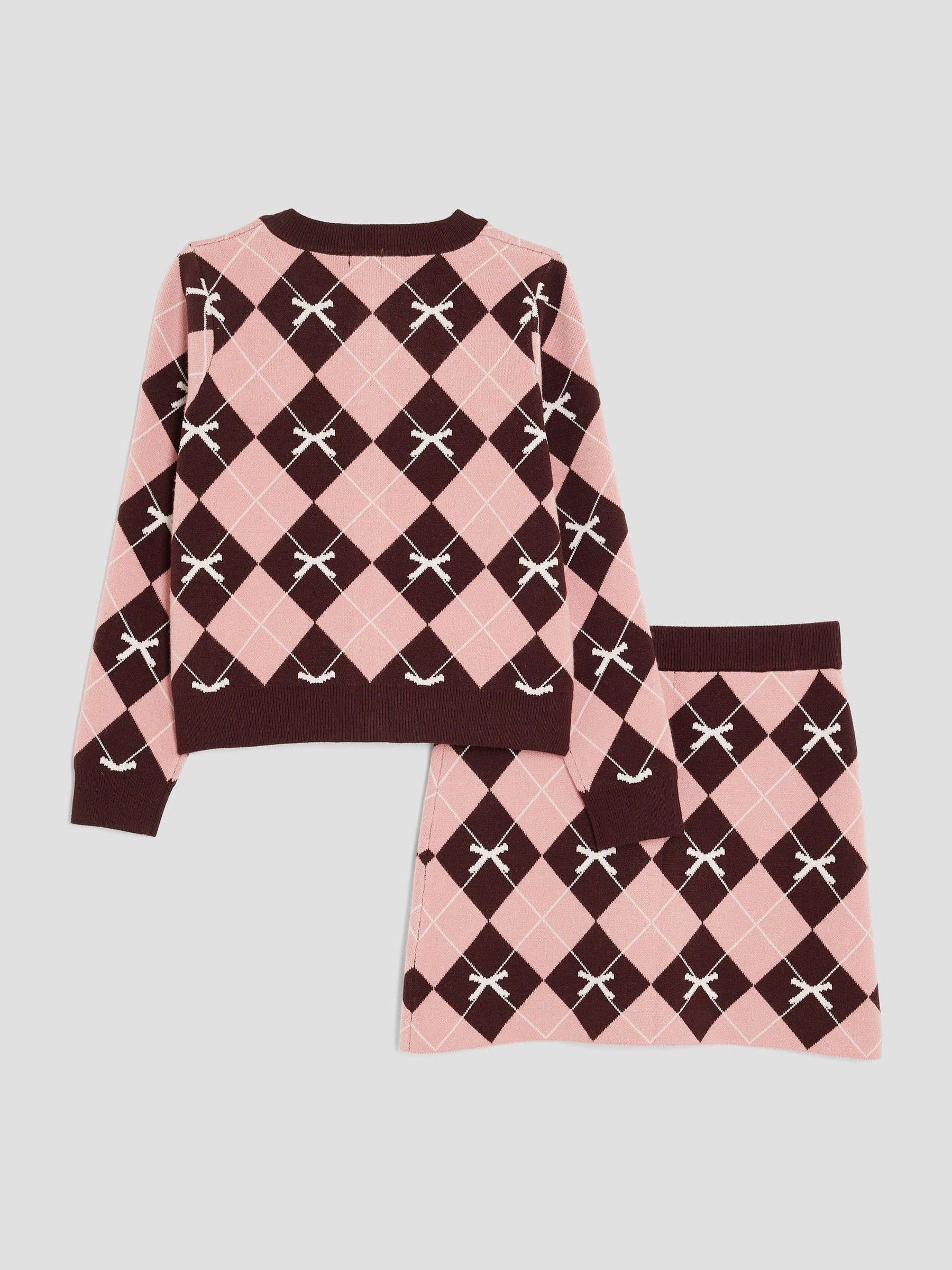 Roze - River Island Girls Argyle Cardigan and Skirt Set