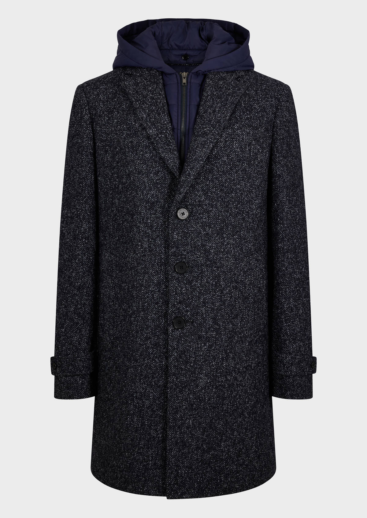 Manteau en laine mélangée unie bleu jeans à capuche amovible