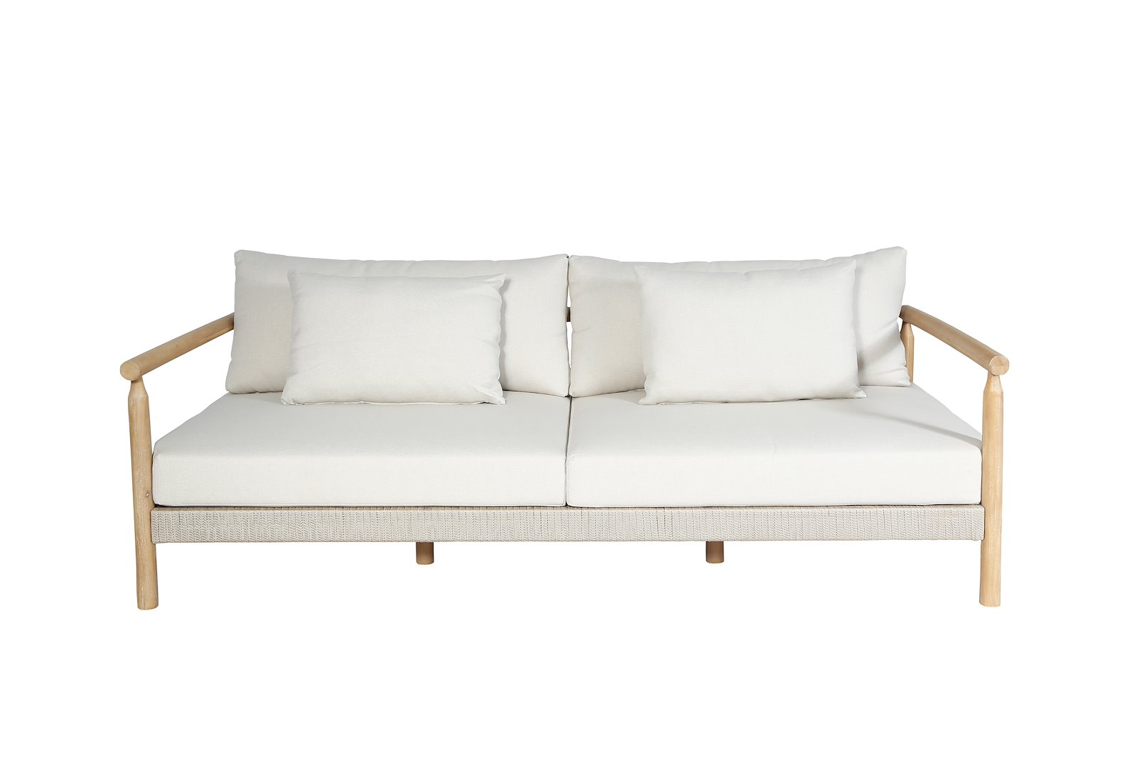 Berga utesofa Hagesofa, 2-seter i heltre teakfarget acasie ramme og puter med beige tekstil.