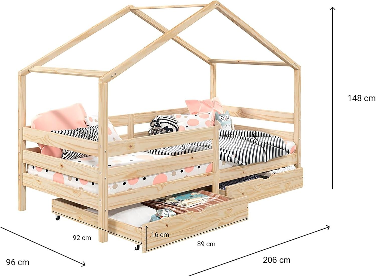 IDIMEX Hausbett ENA aus massiver Kiefer, schönes Montessoribett in 90 x 200 cm, Kinderbett mit Rausfallschutz, stabiles Spielbet mit Dach und 2 Schubladen in Natur