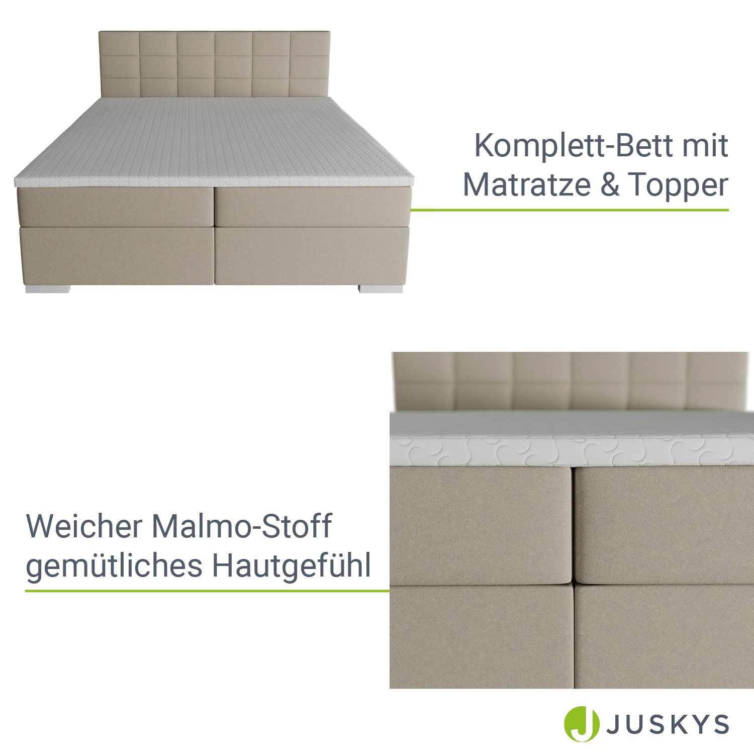Juskys Boxspringbett Seattle 180x200cm - weicher Malmo-Stoff, komfortable Einstiegshöhe - Beige