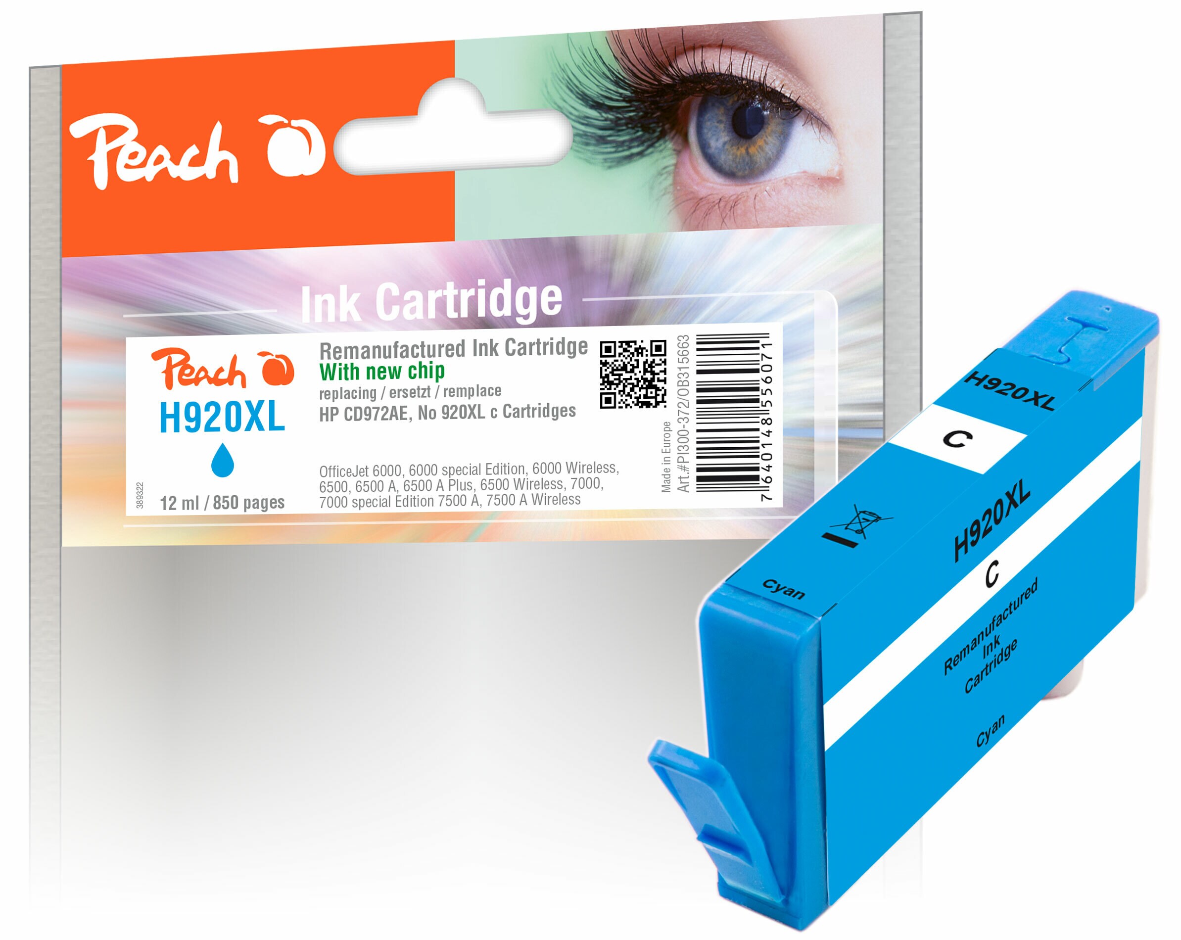 Peach HP 920 XLc Druckerpatrone XL cy ersetzt HP No. 920XL c, CD972AE für z.B. HP OfficeJet 6500 A, HP OfficeJet 6500, HP OfficeJet 6000 (wiederaufbereitet)