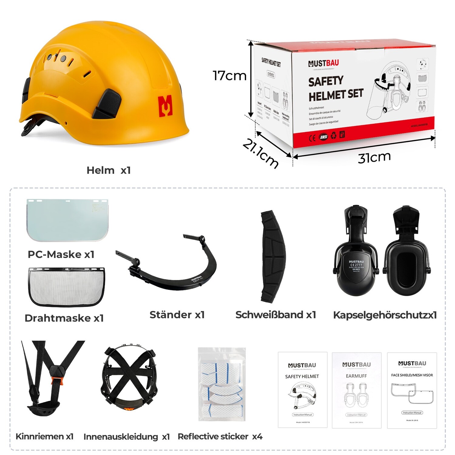 MUSTBAU Sicherheitshelm Schutzhelm Set -EN397 mit Ohrschützern und Netzvisier - Verstellbarer Kopfbügel von 53 bis 63 cm - Ideal für Forstwirtschaft, Baustellen und Dienstleistungen