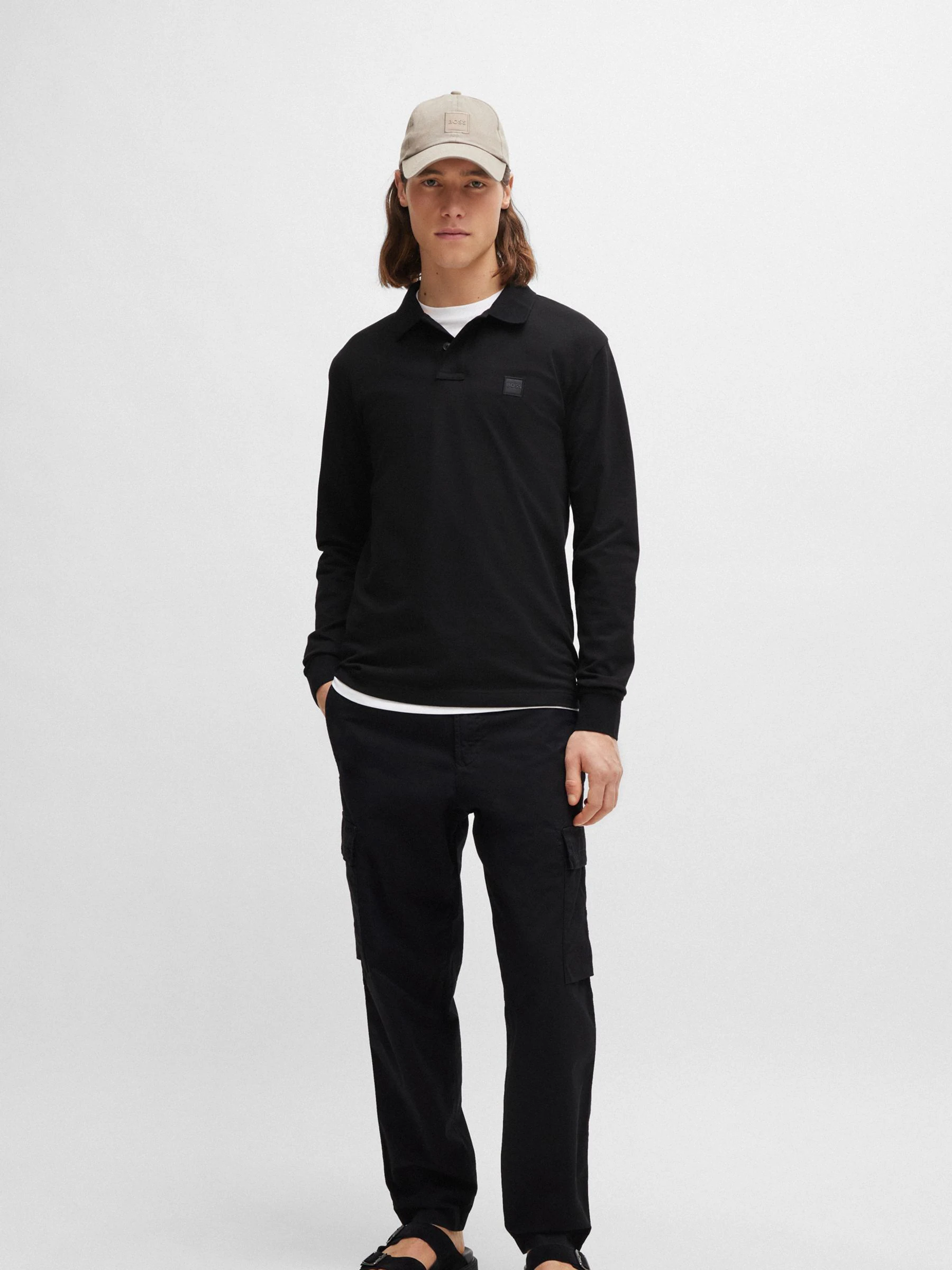 Zwart - BOSS Passerby Box Logo Long Sleeve Polo Shirt