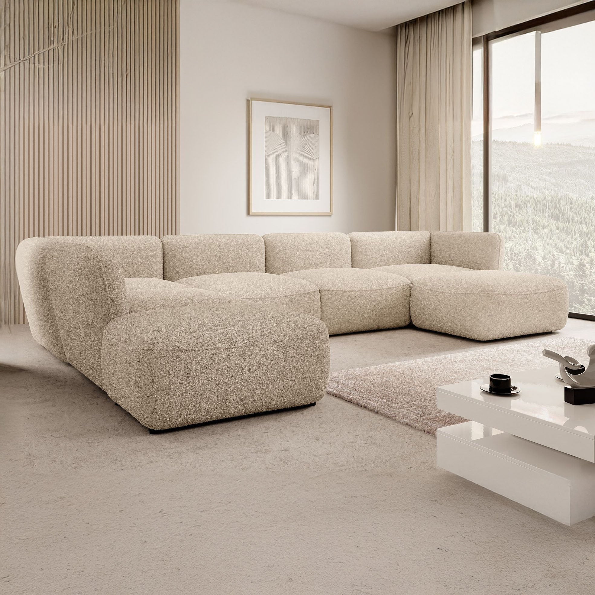 Caesar - Hoekbank 5-zits met chaise longue - Teddystof beige - Links - 372x218x75 cm