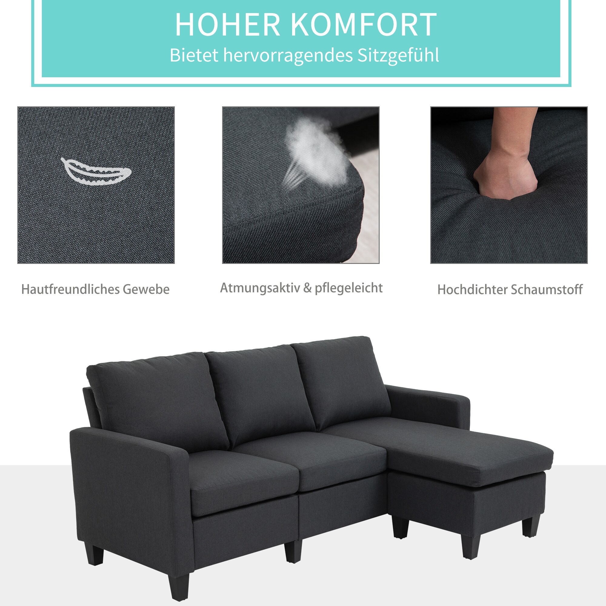 HOMCOM 3-Sitzer-Sofa mit zwei Liegesesseln und einer Chaiselounge 197 x 139 x 91 cm (BxTxH)