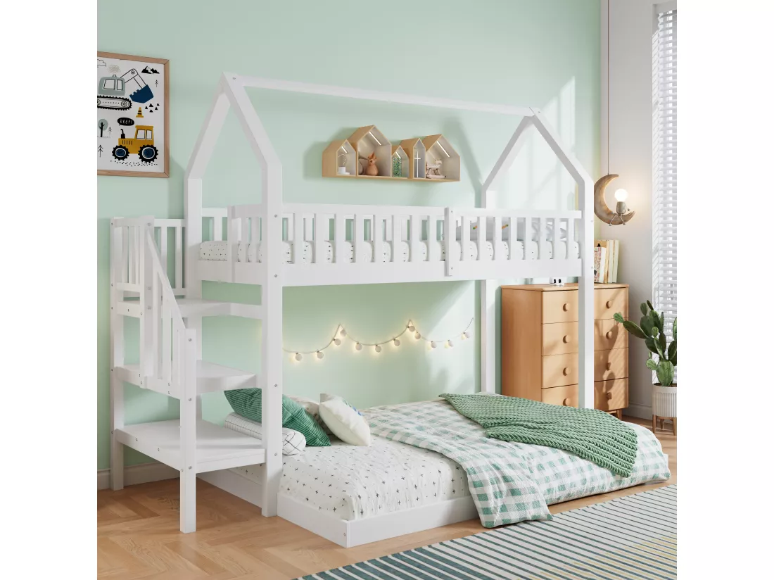 Lit superposé avec escalier et barrières anti-chutes - 90x200 cm - en bois massif - Blanc