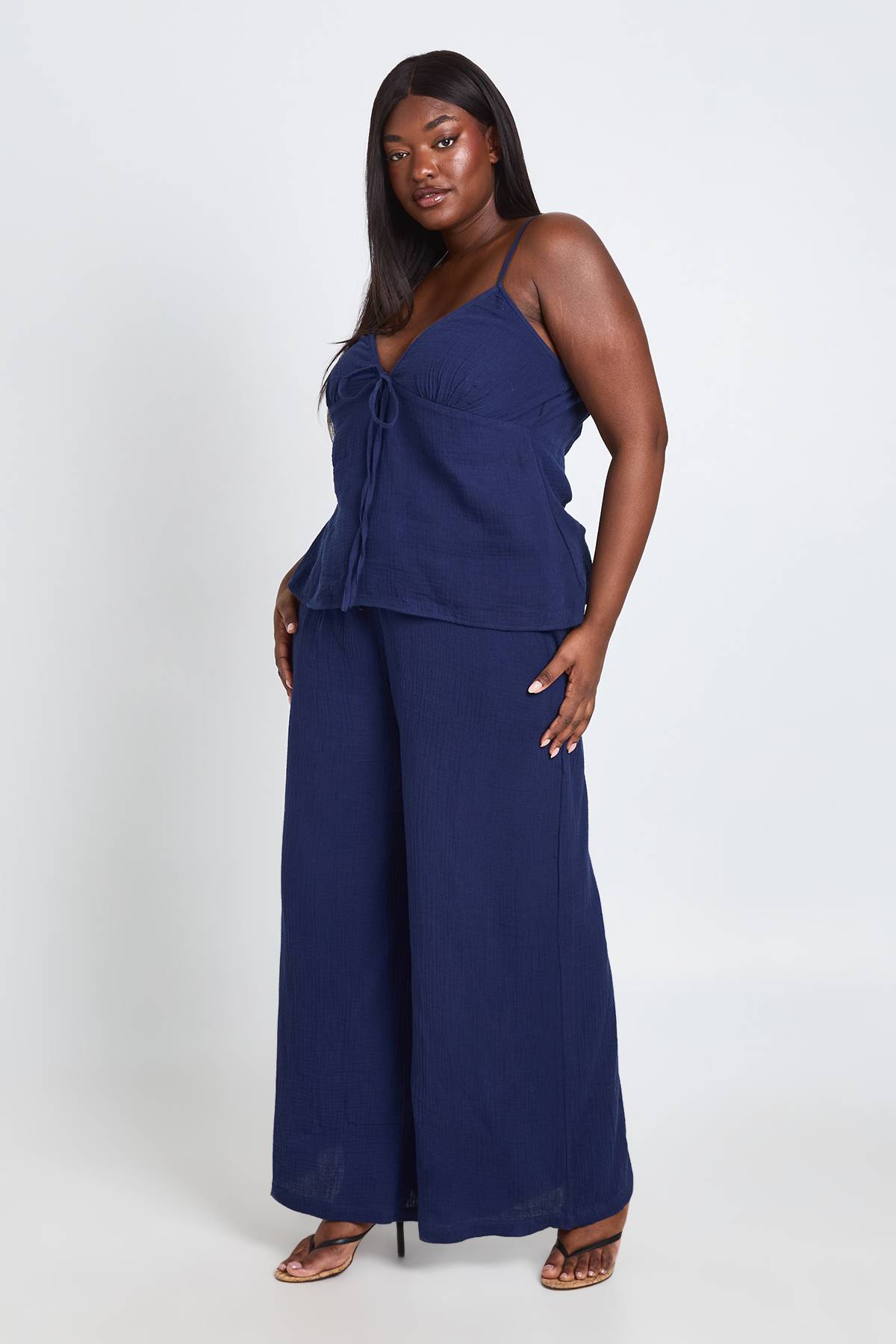 boohoo Ensemble Coordonné Grande Taille Haut Caraco Péplum Et Pantalon En Gaze De Coton