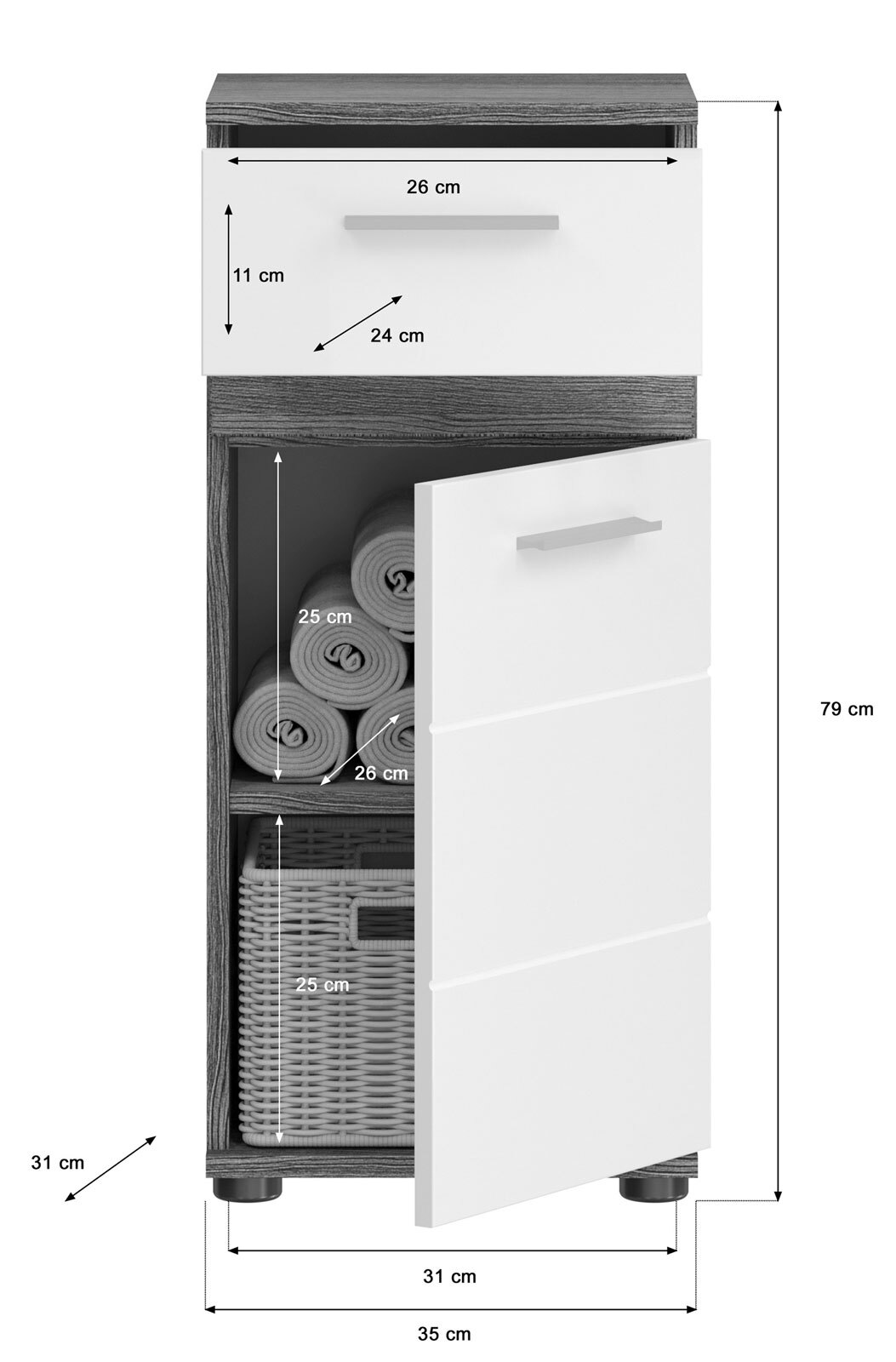 Standschrank Blake Rauchsilber/Weiß Hochglanz 35x79x31 cm