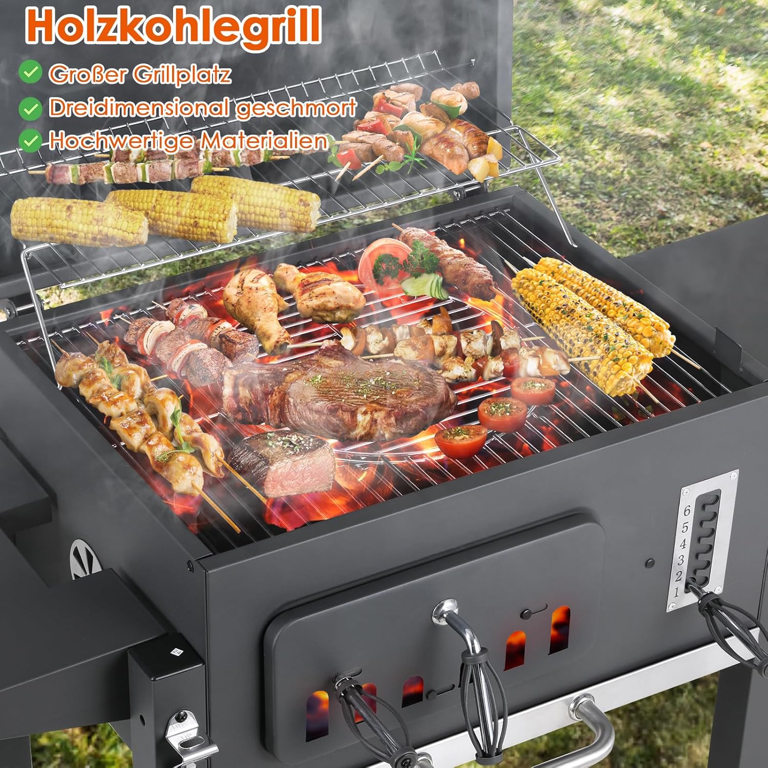 Barbecue Charbon de Bois XL, Chariot à Barbecue, Grill XL à Charbon avec Couvercle, Roues et Thermomètre, Réglable en Hauteur, Grand Barbecue au Charbon de Bois, pour Camping et Jardin, Noir