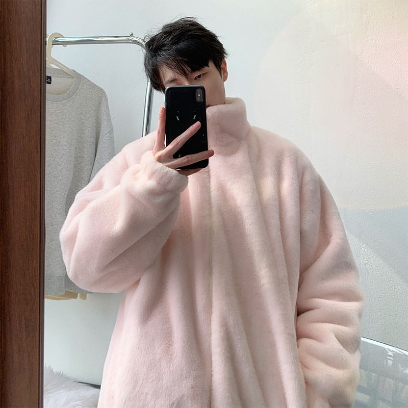 Bay Go Mall - Effen, pluizige, oversized jas met rits