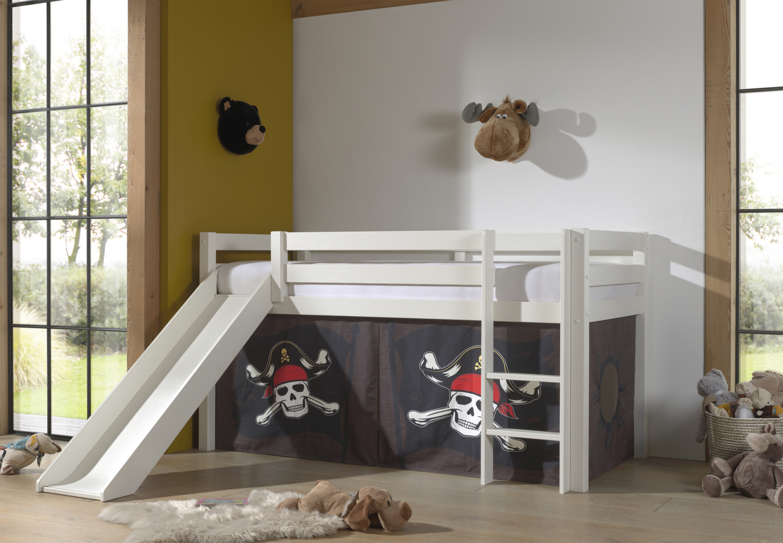 Halbhochbett PINO - Caribian Pirate - Kiefer weiß Massivholz - mit Rutsche - 90x200 cm