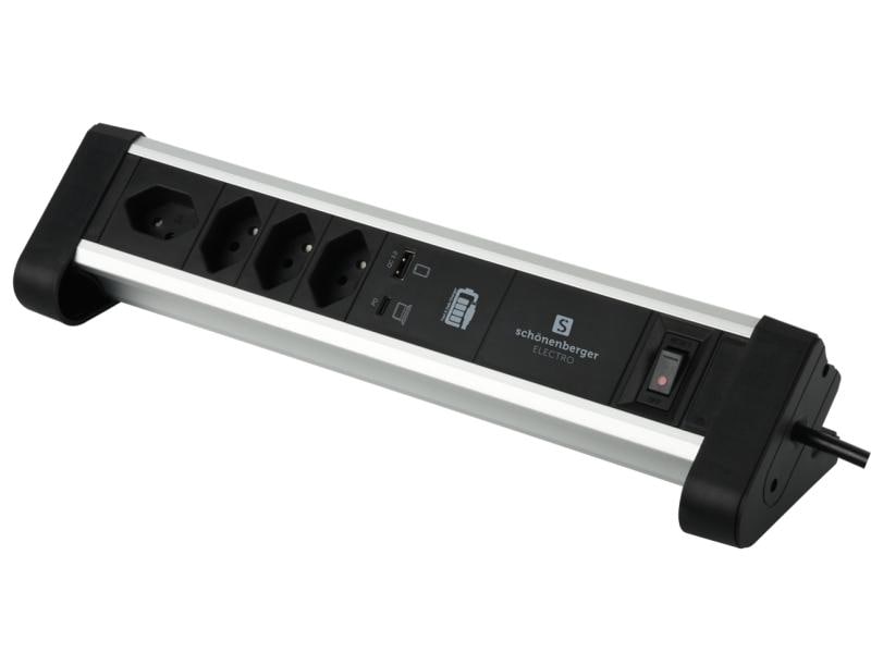 Schönenberger Tischsteckdosenleiste Alu-Office-Line 4 × T13 Alu Tischsteckdosenleiste mit 60W USB C Notebook Charger