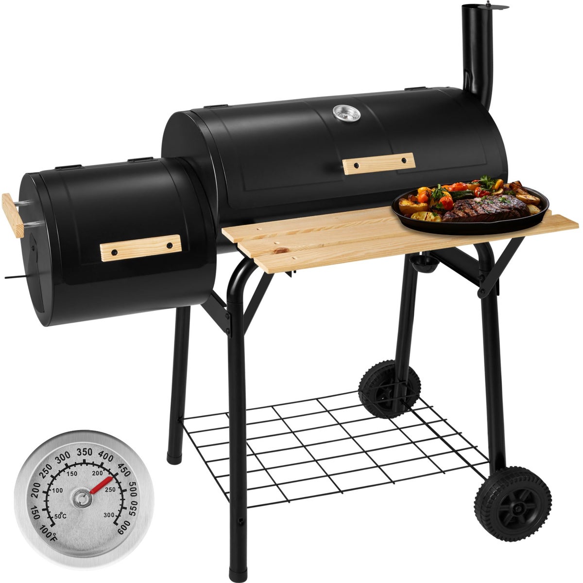 tectake 3-in-1 houtskoolgrill, voor grillen, roken en koken, met 2 wielen, 115 x 67 x 115 cm