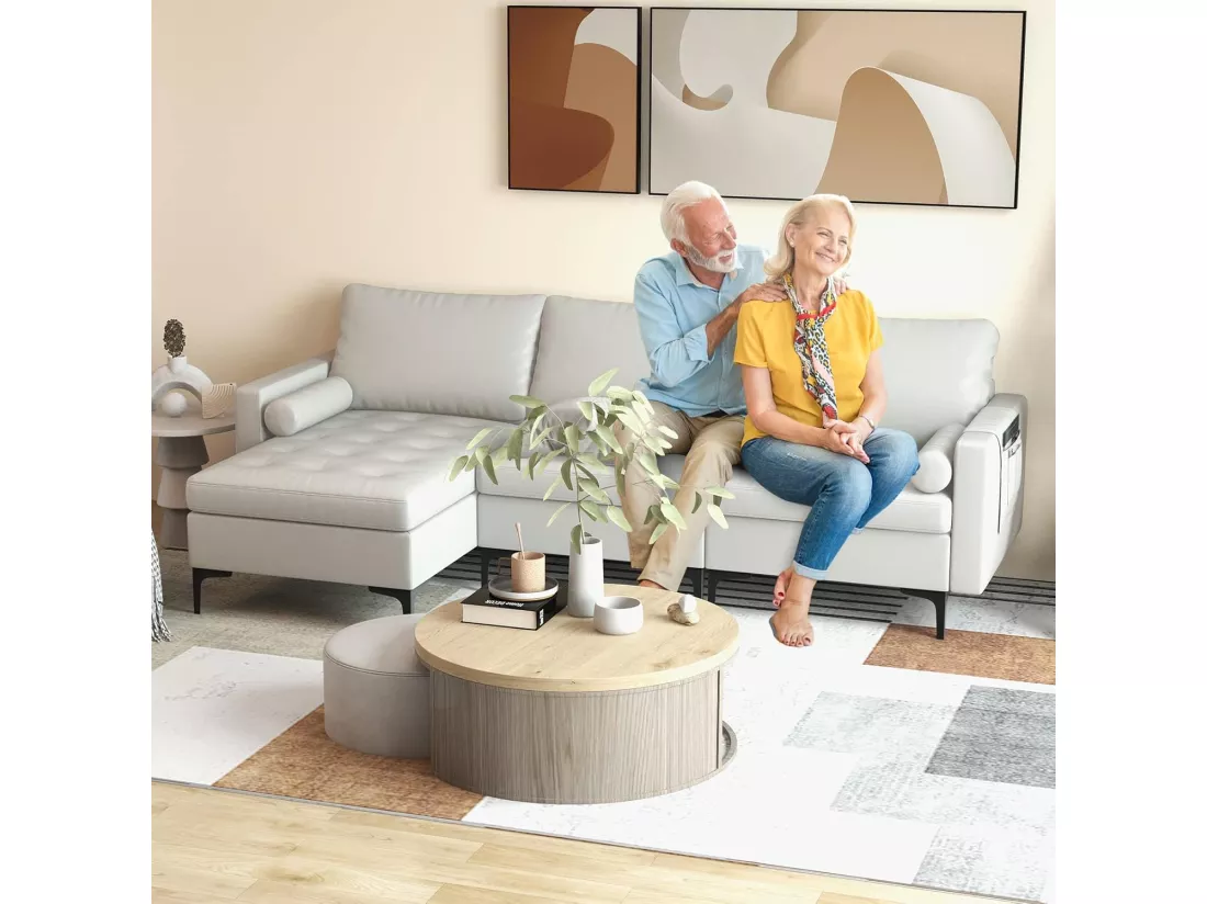 Canapé Convertible à 3 Places, Canapé d'angle en Cuir Aérien avec 2 Ports USB, Gauche ou Droite, 3 Coussins, 2 Traversins, Chaise Longue Moderne pour Salon, Bureau