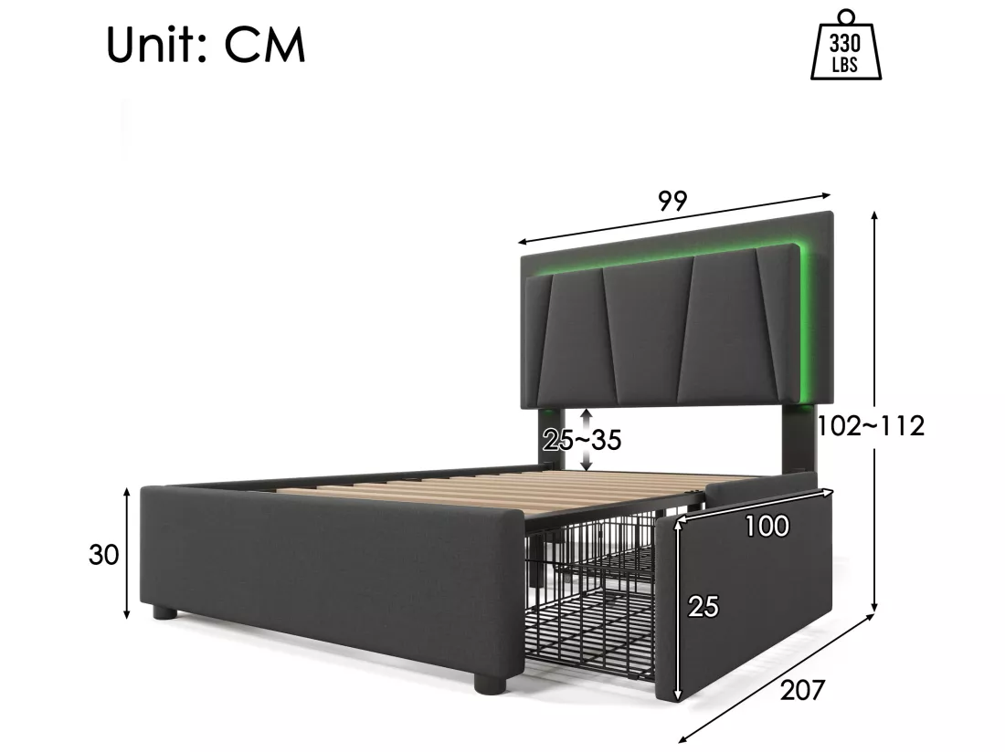 Lit rembourré 90x200cm en lin - avec 2 tiroirs + LED + sommier à lattes - Gris