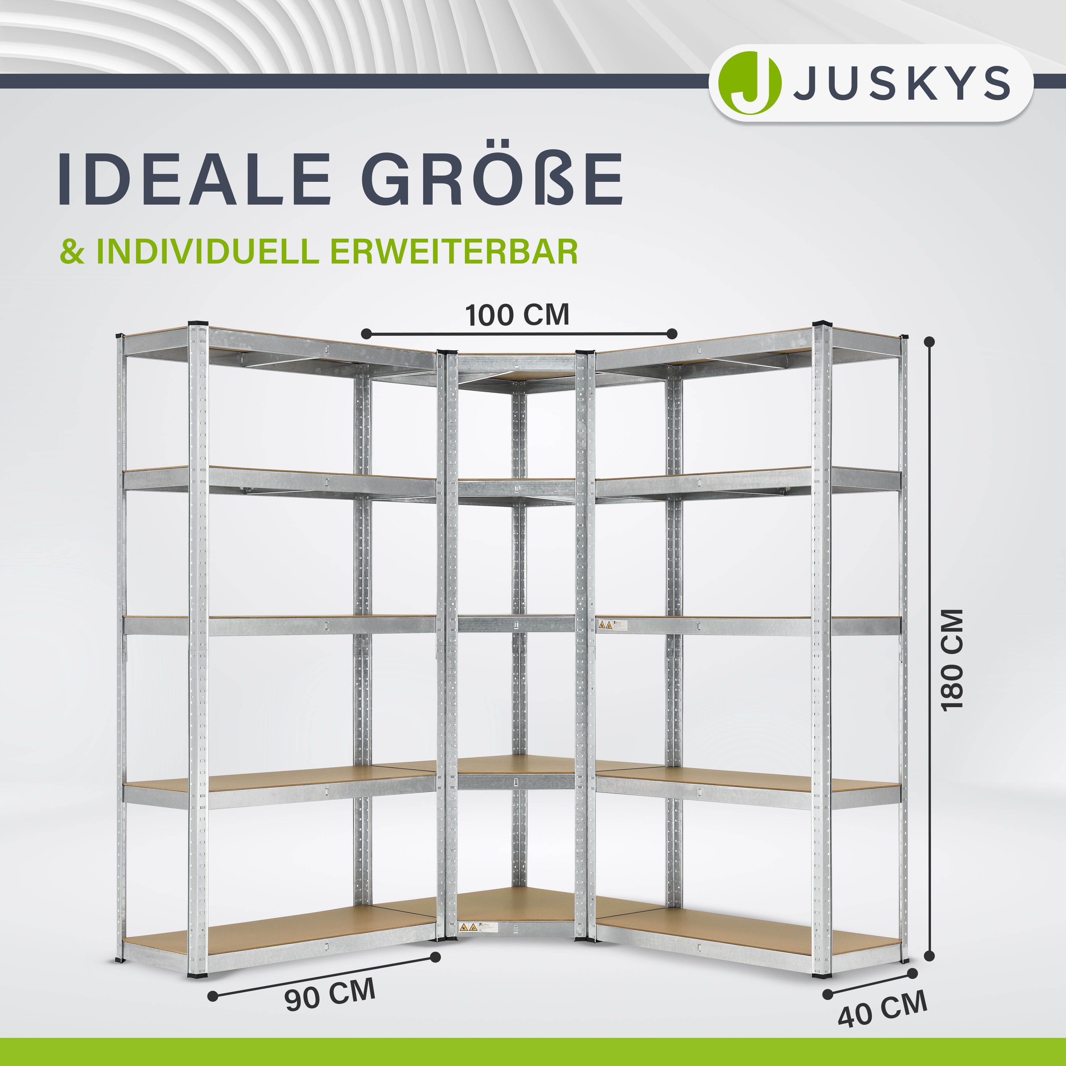 Juskys 3er Metall Regalsystem | 1 Eckregal & 2 Lagerregale | 15 Böden aus MDF Holz | 2625 kg