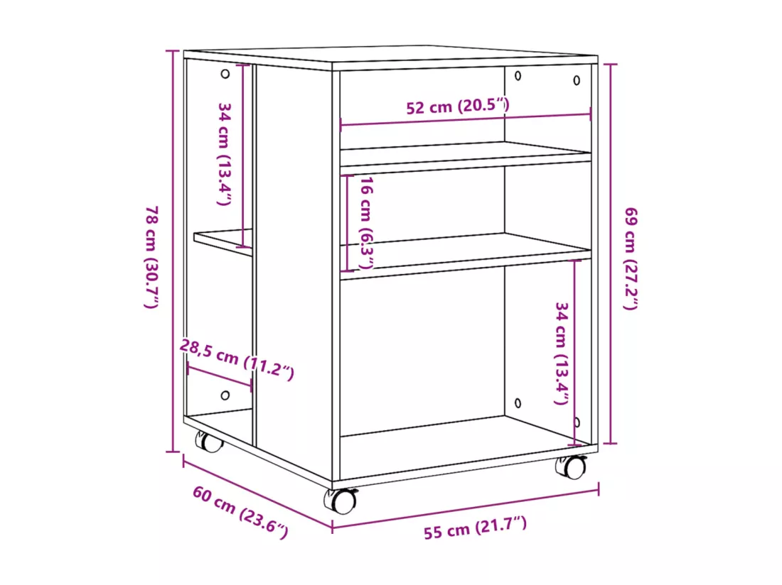 Table d'appoint avec roues blanc 55x60x78 cm bois d'ingénierie