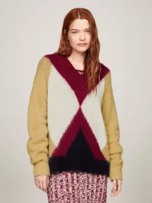 Suéter Crest Relaxed Fit com estampa Argyle para ambos os sexos