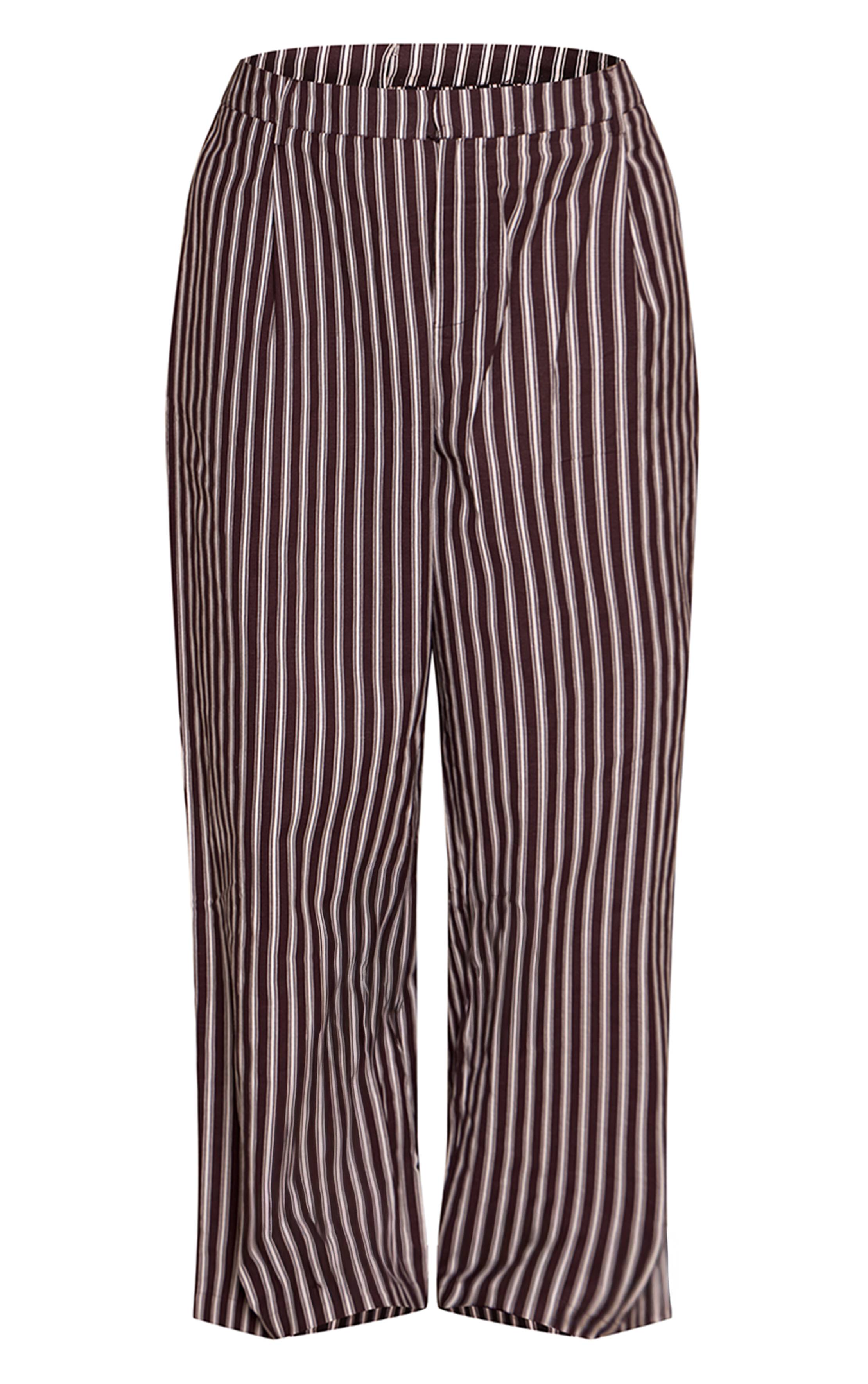 Chocolat Pantalon Grande Taille Droit Ajusté En Lin À Rayures