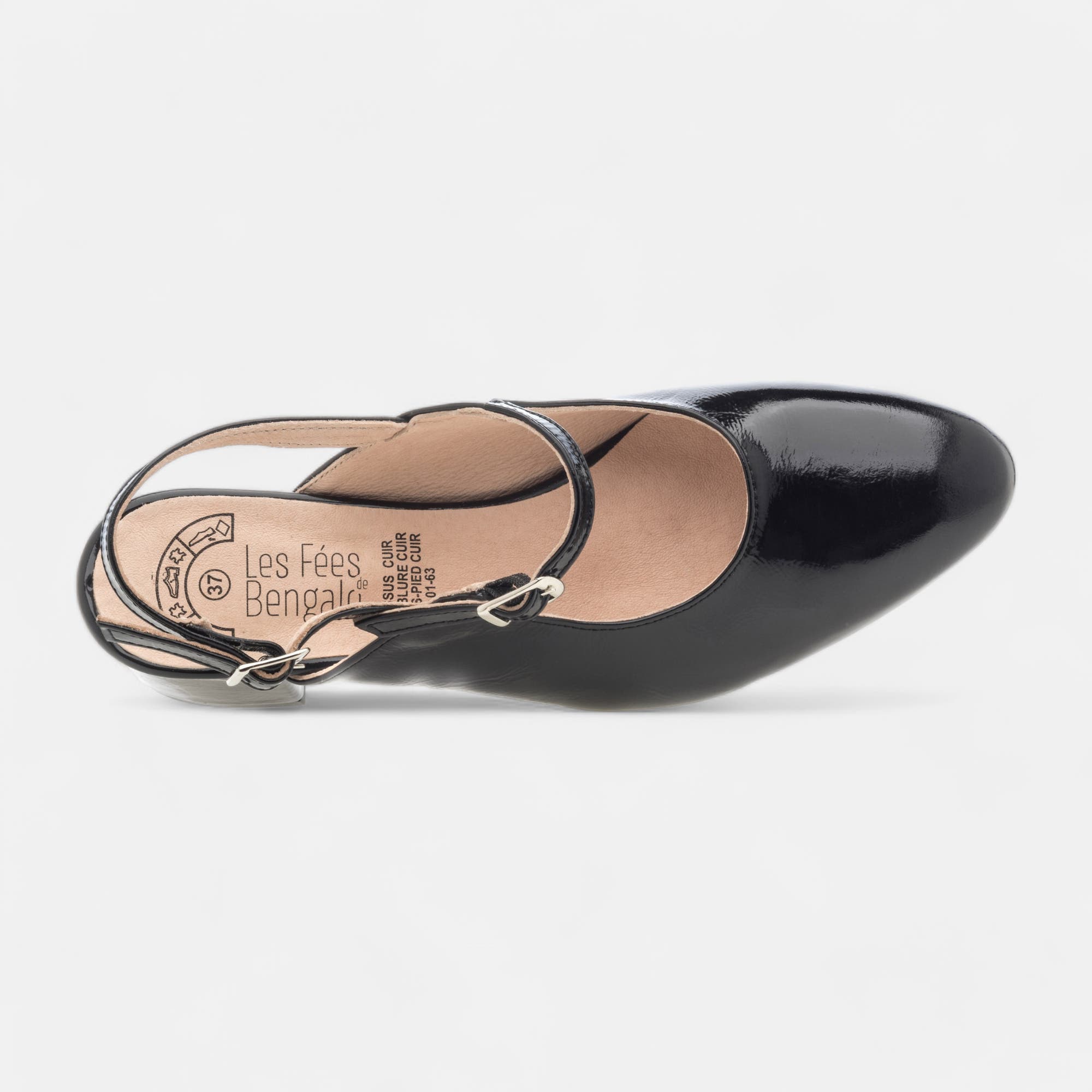 Escarpins avec bride arrière à talon compensé Femme en cuir noir vernis