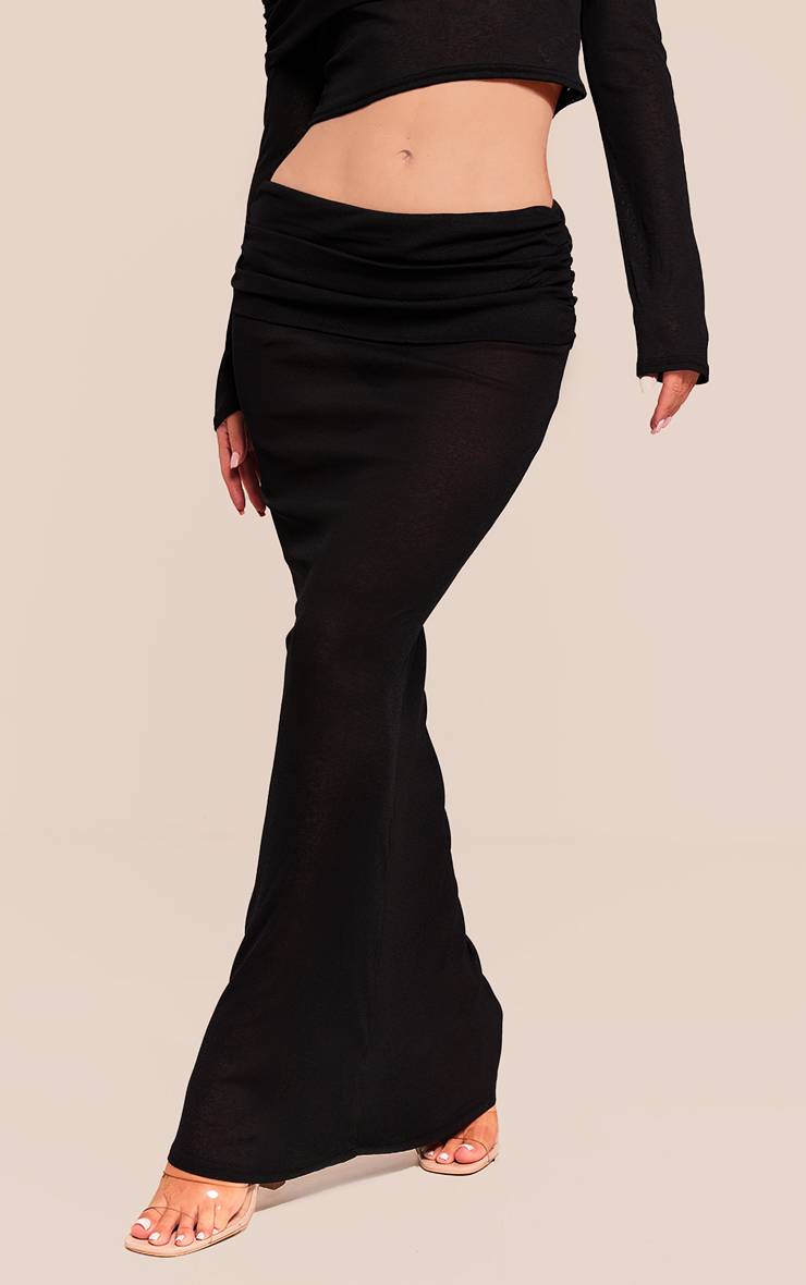 Noir Jupe Longue Taille Basse En Mesh Transparent Dévoré Avec Taille Repliée