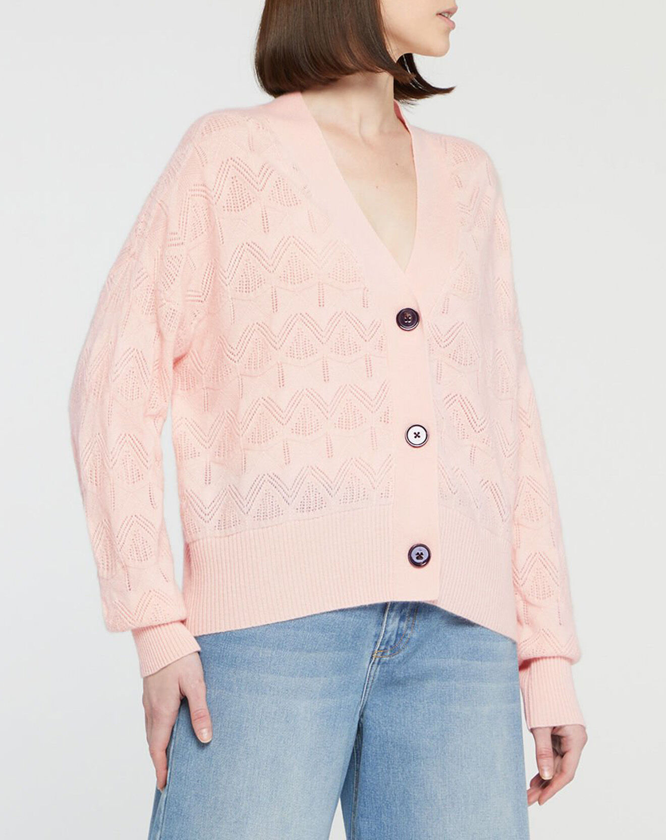 Galeries Lafayette Cardigan en Laine & Cachemire Fabiola ajouré col V rose clair