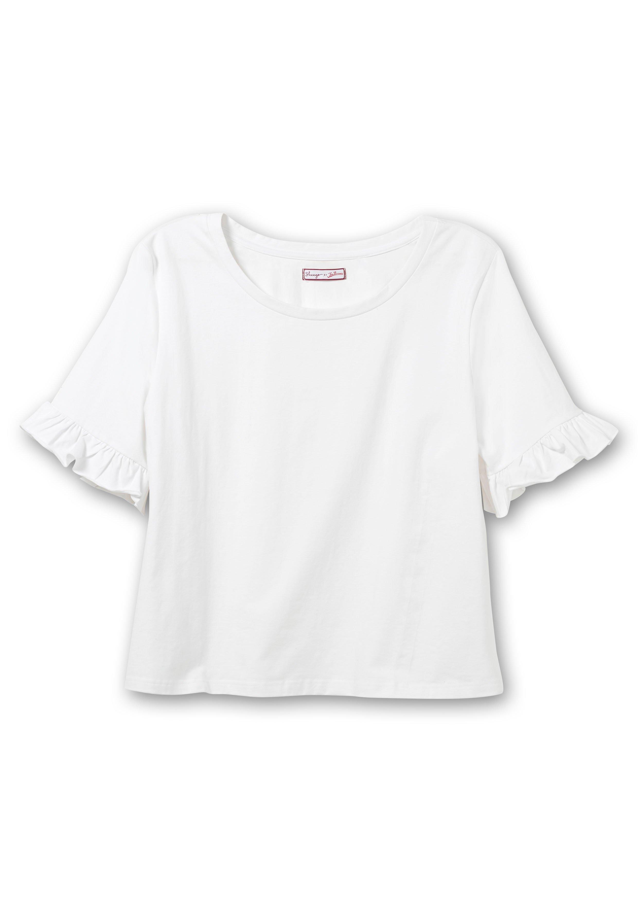 Kurzarmshirt mit Rüsche am Arm, leicht transparent