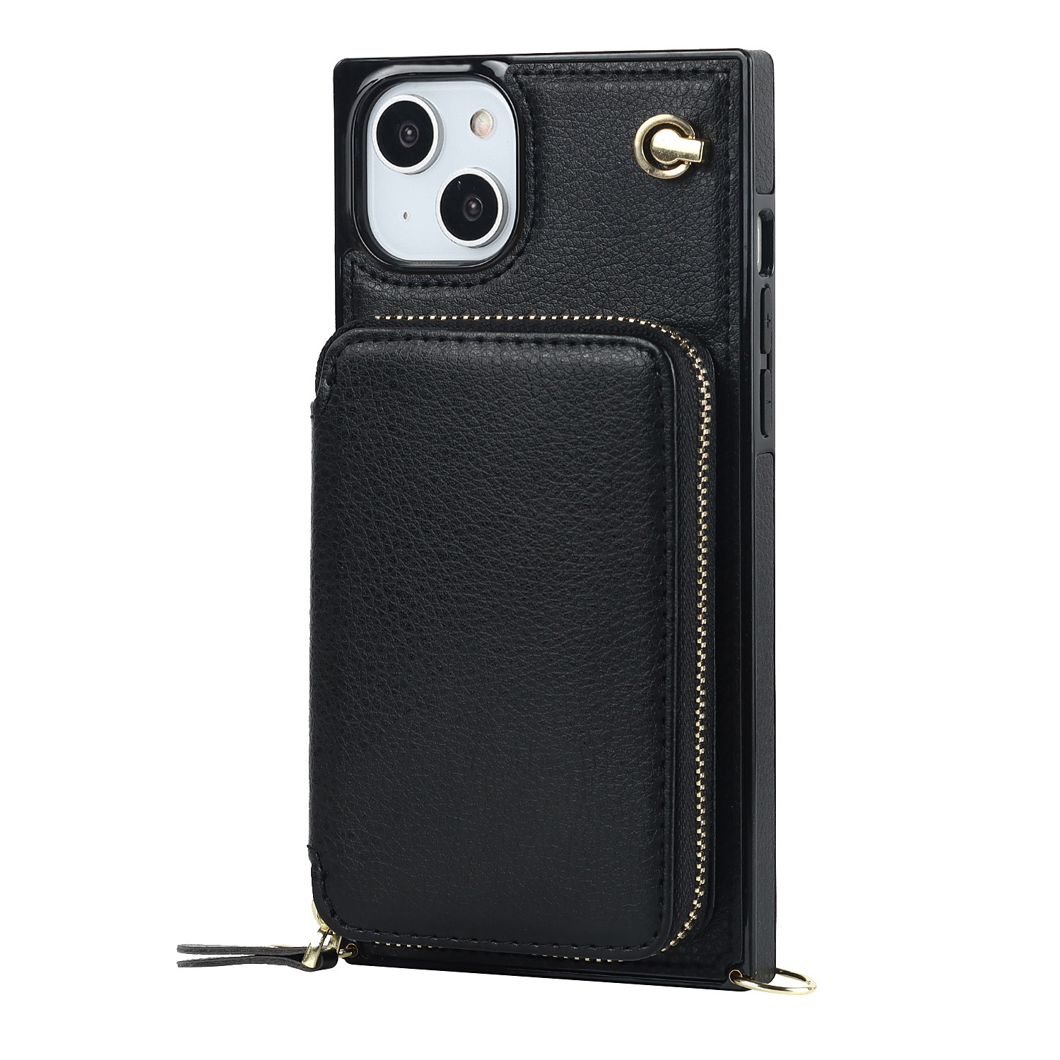 iPhone 15 Necklace Leder Schutz Hülle mit Kartenfächer   Handykette (140cm) - Schwarz