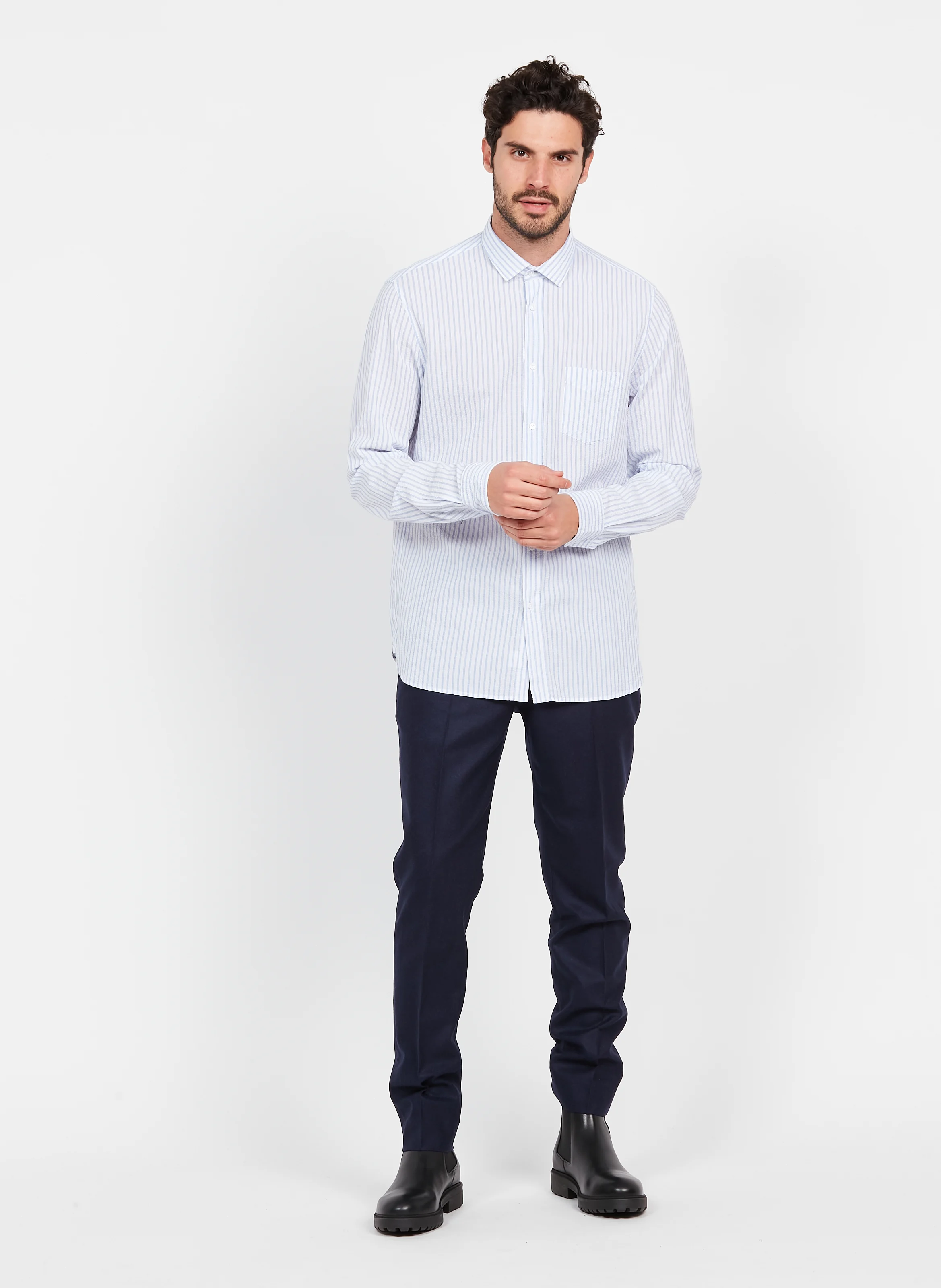 Chemise col classique à rayures en coton | Blanc