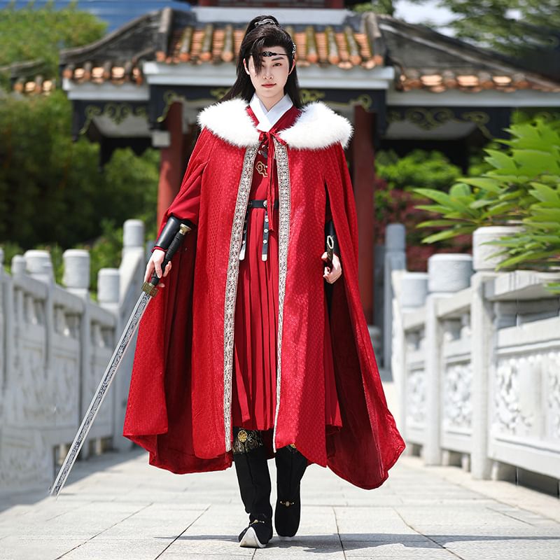 Tangier - Traditionele Chinese bontkraagjas / geplooide jurk met lange mouwen / accessoire / set