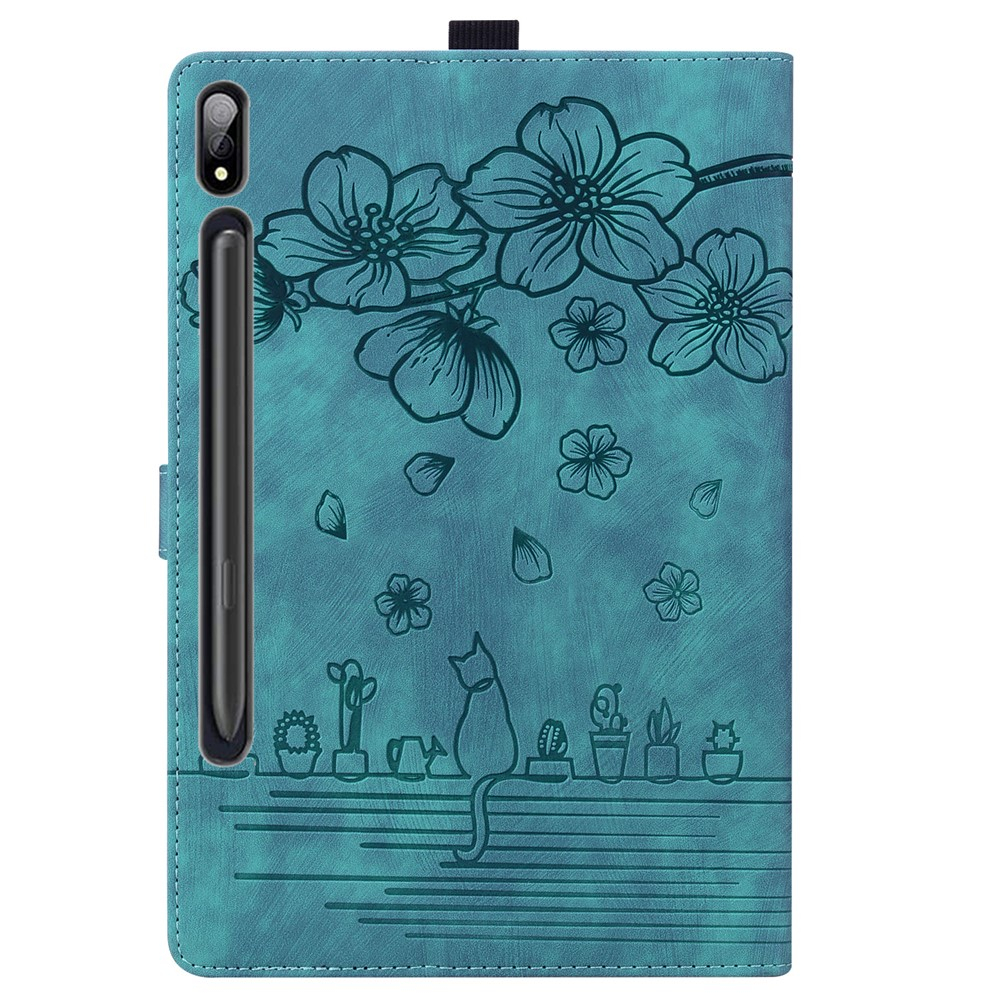 Samsung Galaxy Tab S11 Ultra Leder Tasche Flip Cover Blumen Imprint   S-Pen Halterung - Hellblau