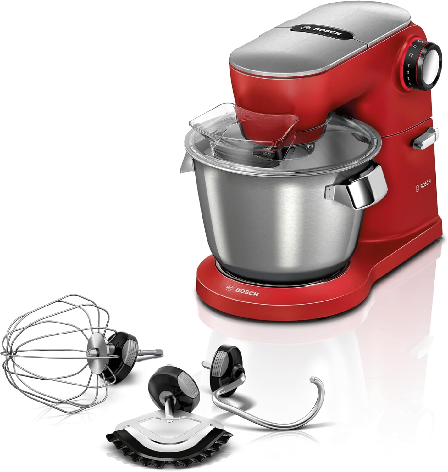 Bosch Küchenmaschine OptiMUM, Edelstahl-Schüssel 5,5 L, spülmaschinenfest, Planetenrührwerk, Profi-Knethaken, Schnee-, Silikonbesen, 7 Arbeitsstufen, 1600 W, Rot/Silber, MUM9A66R00