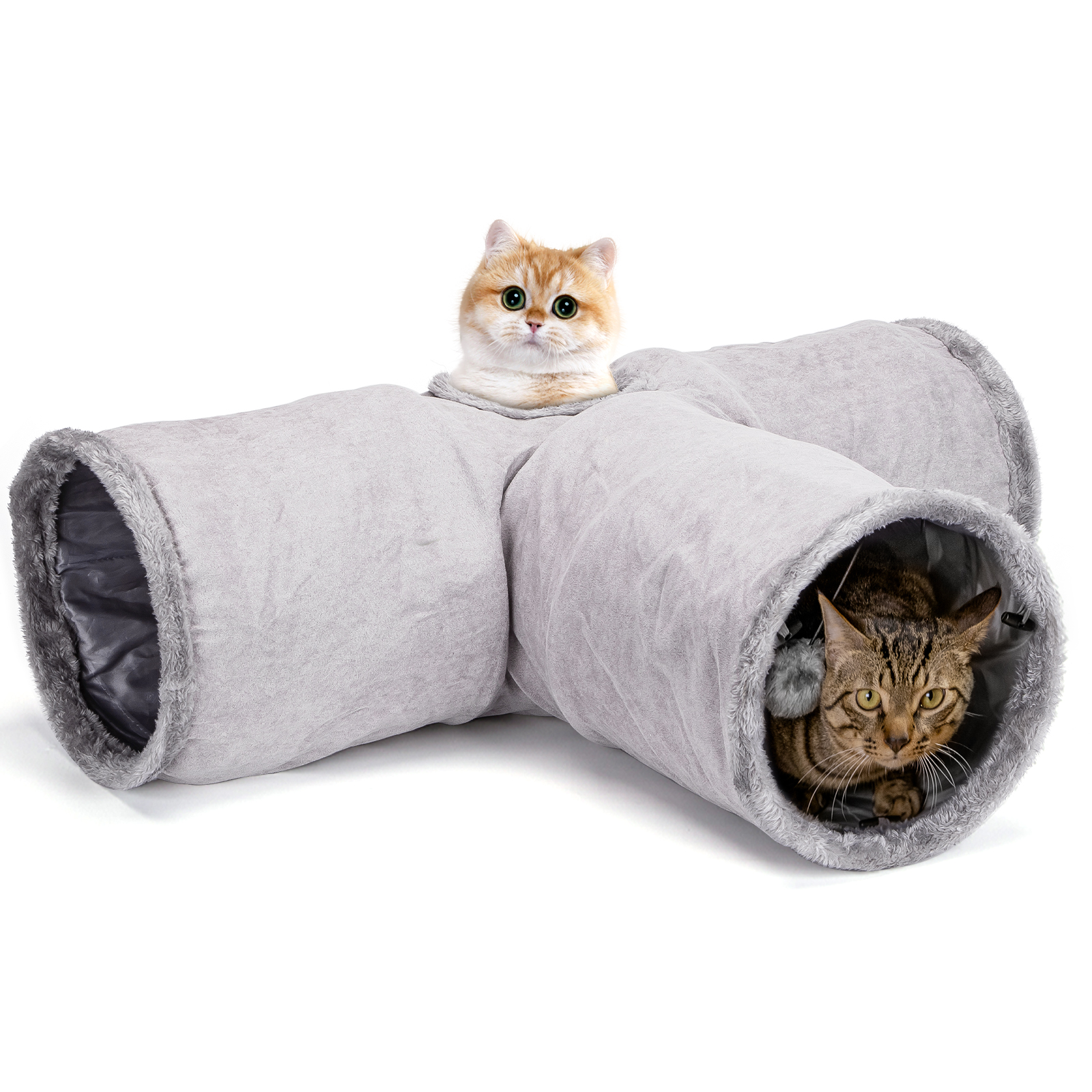 Túnel para Gatos Nobleza em Camurça Sintética, Túnel Interno de 3 Vias com 1 Orifício e Bola Pendurada, Brinquedo Dobrável para Animais de Estimação, Ideal para Gatos, Gatinhos, Coelhos e Furões (Cinza)