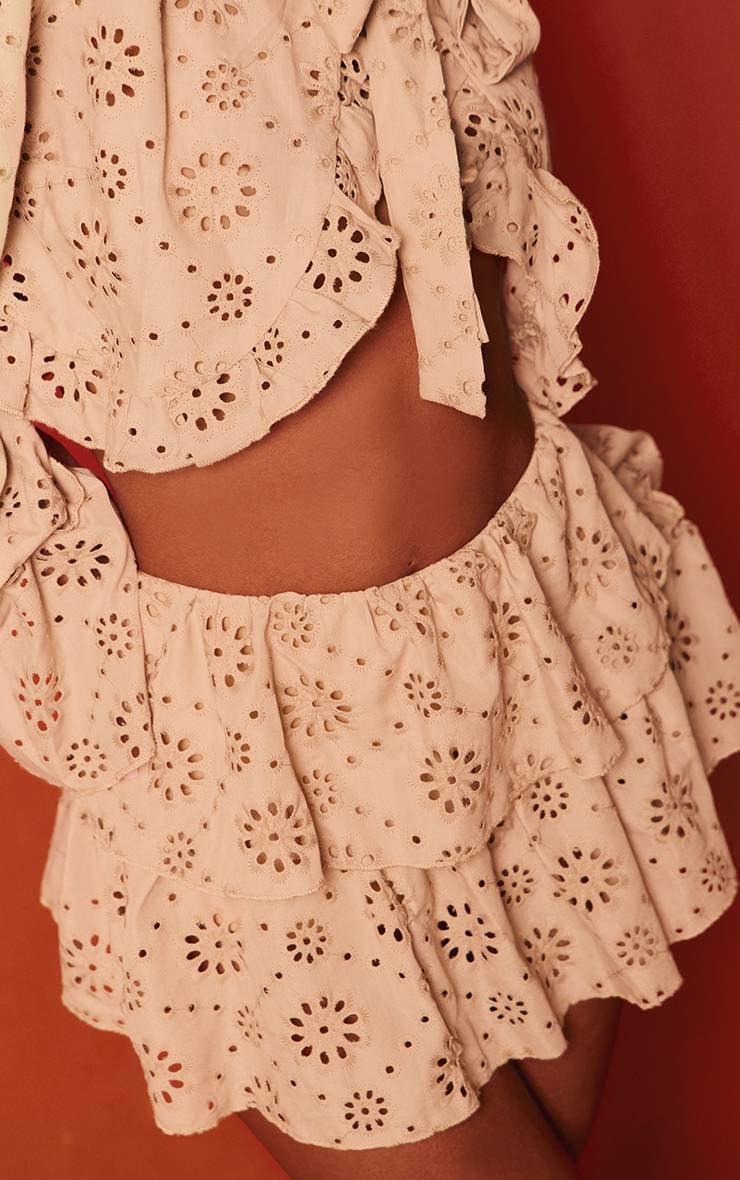 Gris Pierre Ensemble Coordonné Short Brodé À Volants En Coton