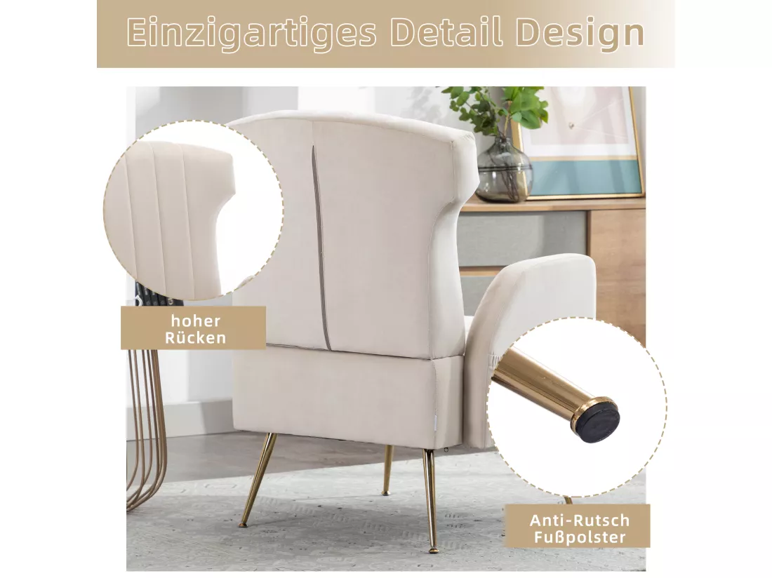 Chaise Décorative En Velours，pieds Dorés，fauteuil Confortable，haut Dossier