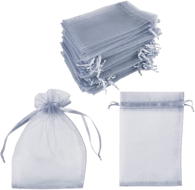 Små gaveposer med snor Organza 25-pak 7x9 cm Grå