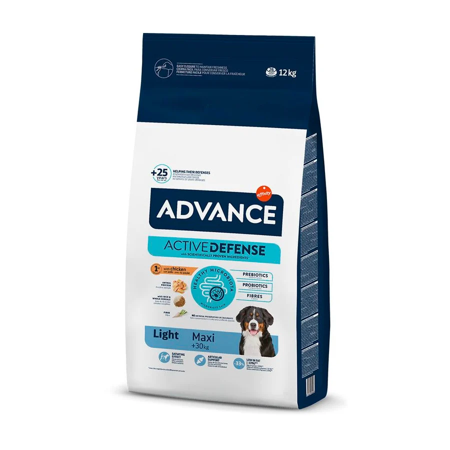 Ração Advance Maxi Light para cães, sabor frango e arroz.