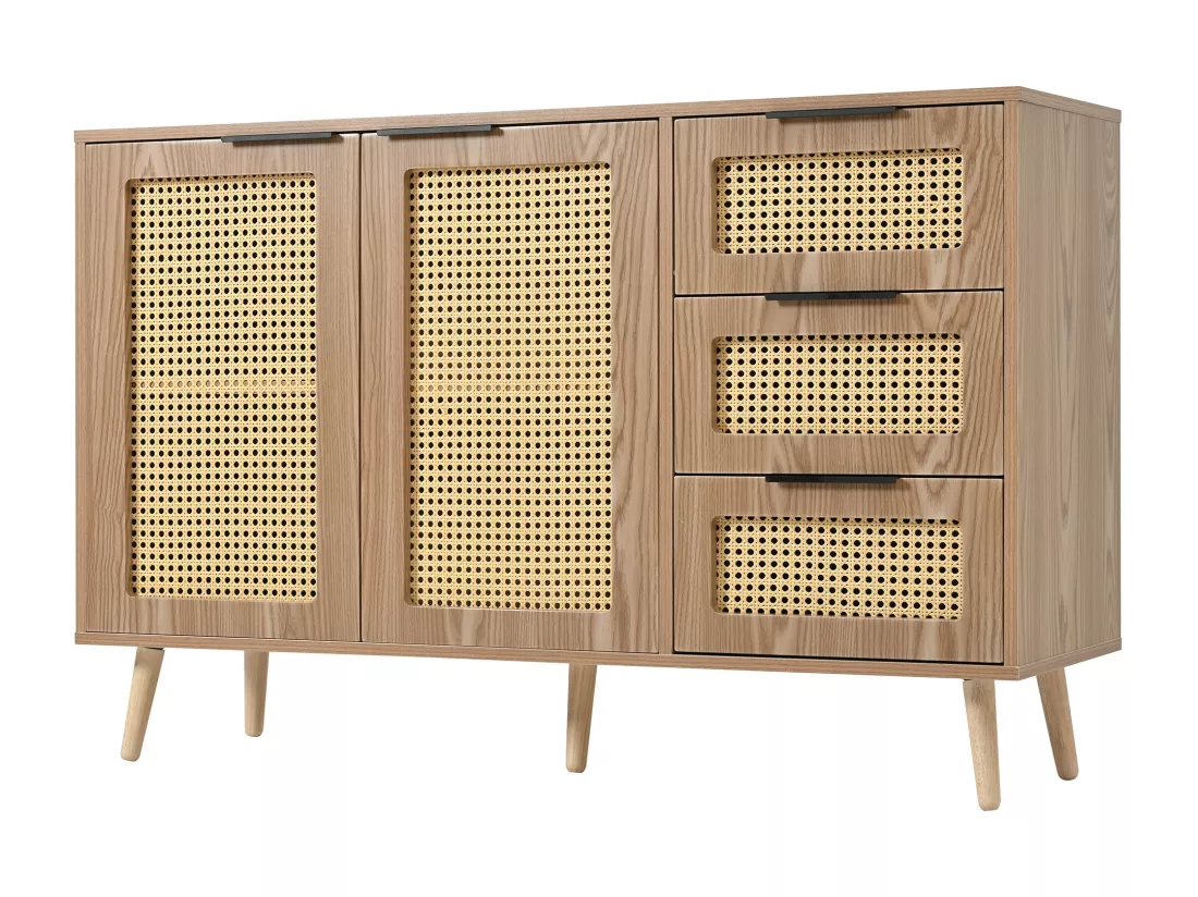 Buffet vintage effet bois en rotin à 2 portes et 3 tiroirs poignées noires CRITS NATURAL