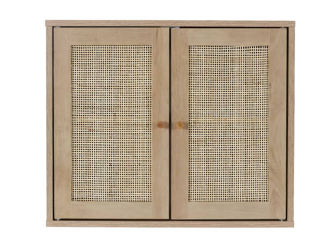 MAYA - Armoire Murale 2 Portes Effet Bois et Façades Rotin