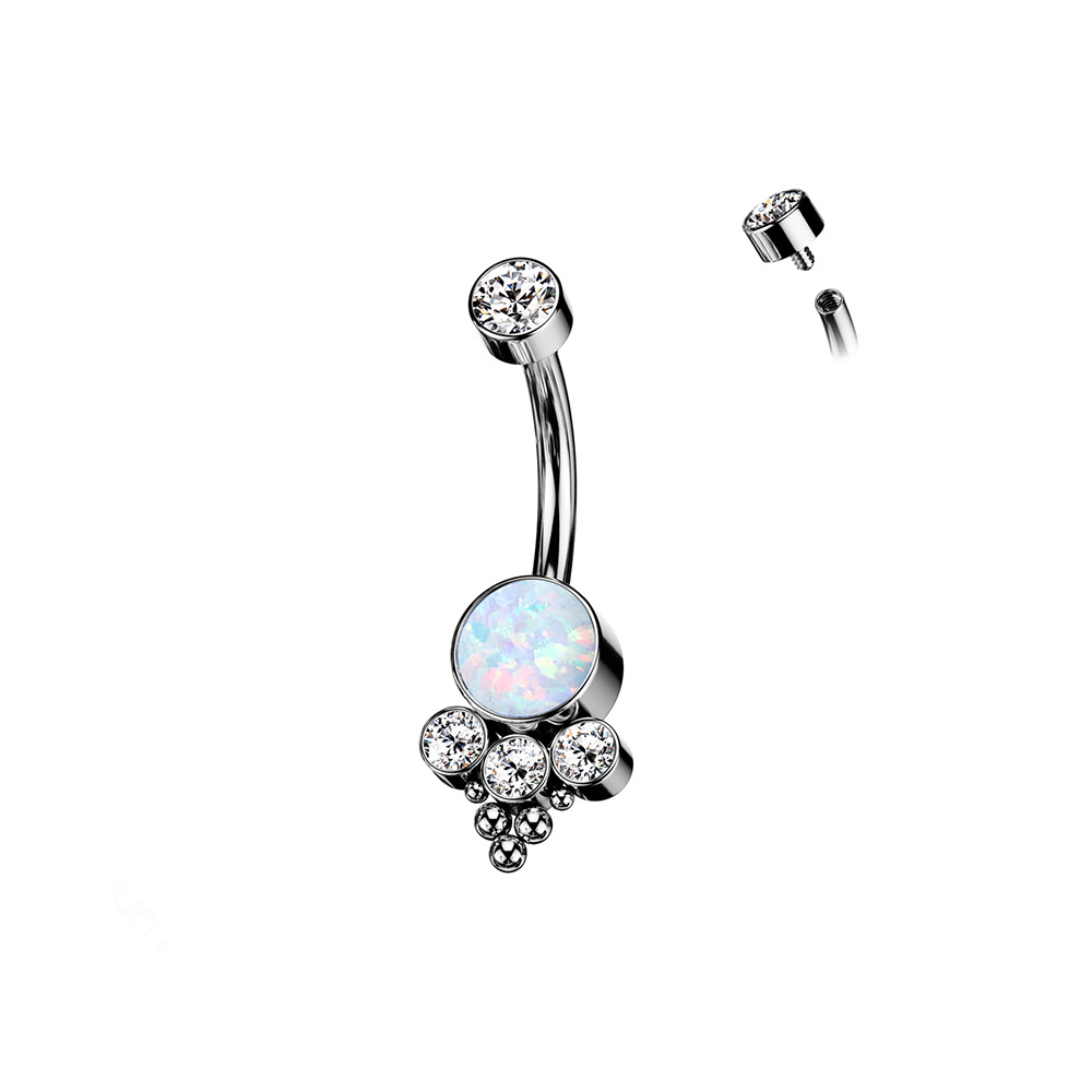 (10mm) Curved Barbell G23 Titan Bauchnabelpiercing Opal Strass Stein Reihe mit Gewindeverschluss - Silber