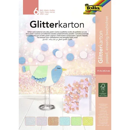 Folia Glitterkarton Block Pastell, 300 g/qm, 6 Blatt, ca. 17,4 x 24,5 cm