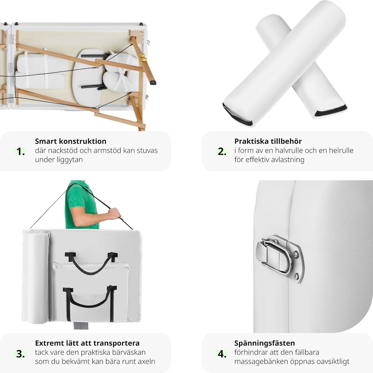 Massasjebenk 7,5cm polstring + ruller - hvit