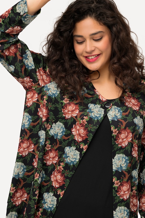 Jerseyjacke, Blüten, Rundhals, Knopfverschluss, Langarm