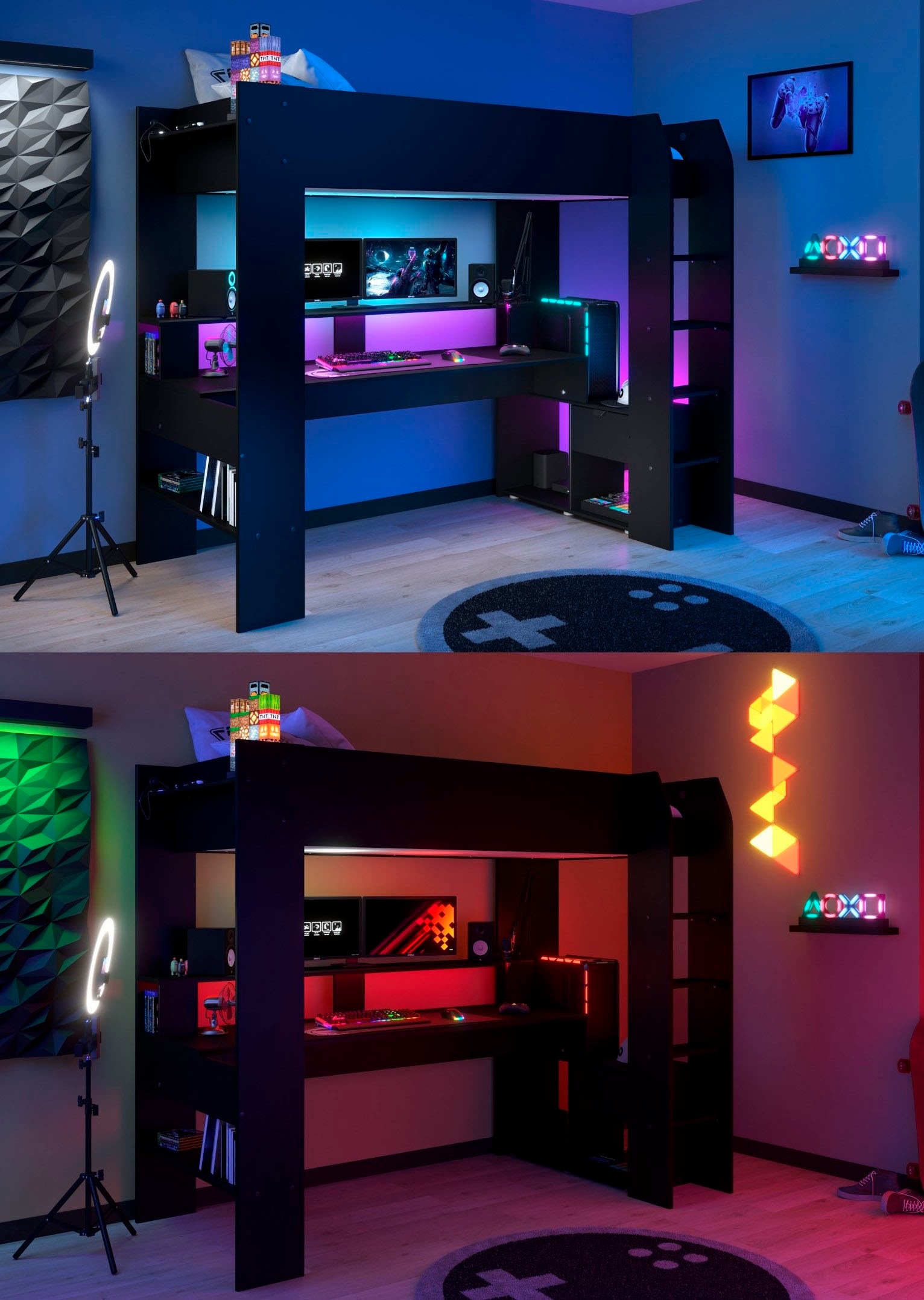 Parisot Hochbett »Gaming-Bett, mit Schreibtisch, USB Anschluss, LED, viel Stauraum« ideal für kleine Räume, TOPSELLER!