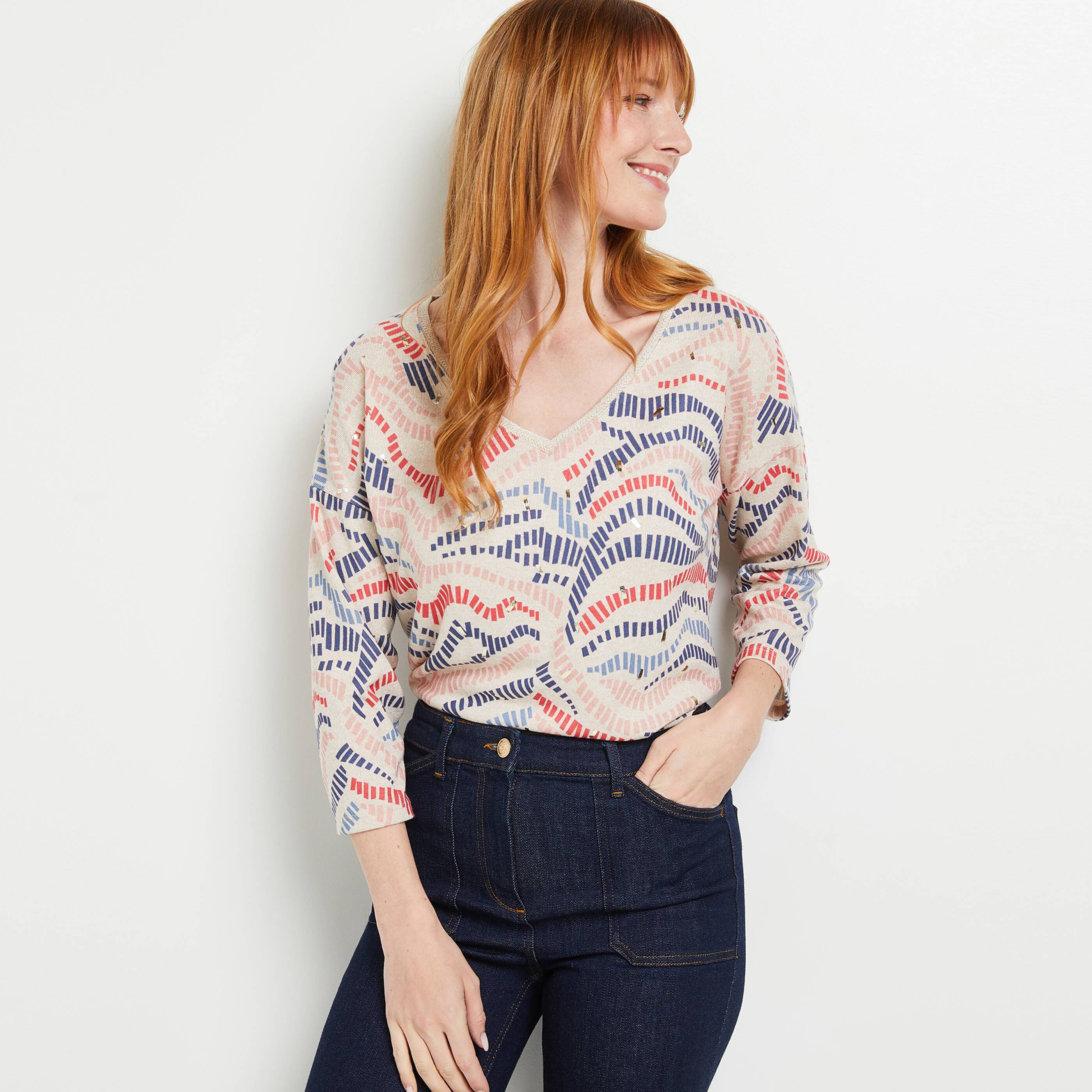 T-shirt en maille col V femme - BEIGE