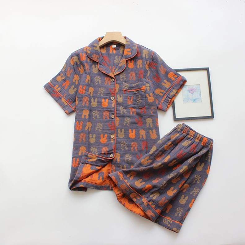 Dogini - Bijpassende pyjamaset voor koppels: top met korte mouwen en konijnenprint + broek (verschillende ontwerpen)