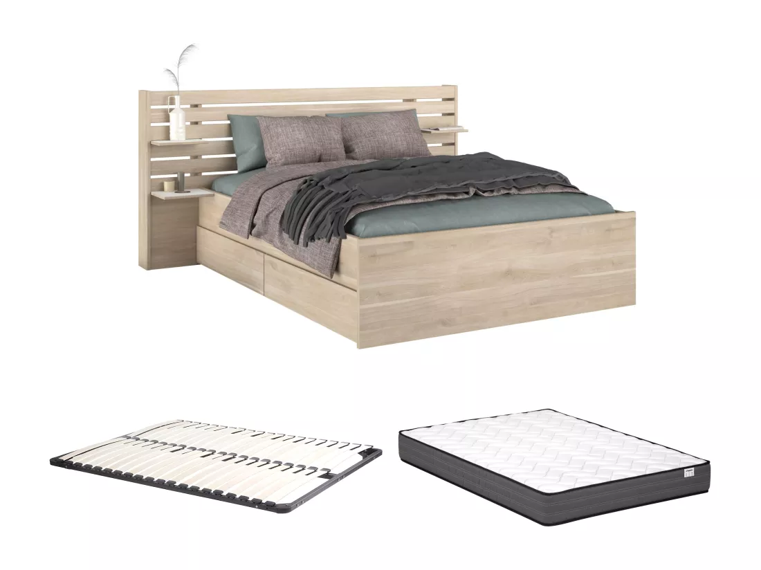 Lit 140 x 190/200 cm avec rangements - Coloris : Naturel + Sommier + Matelas - TENALIA II