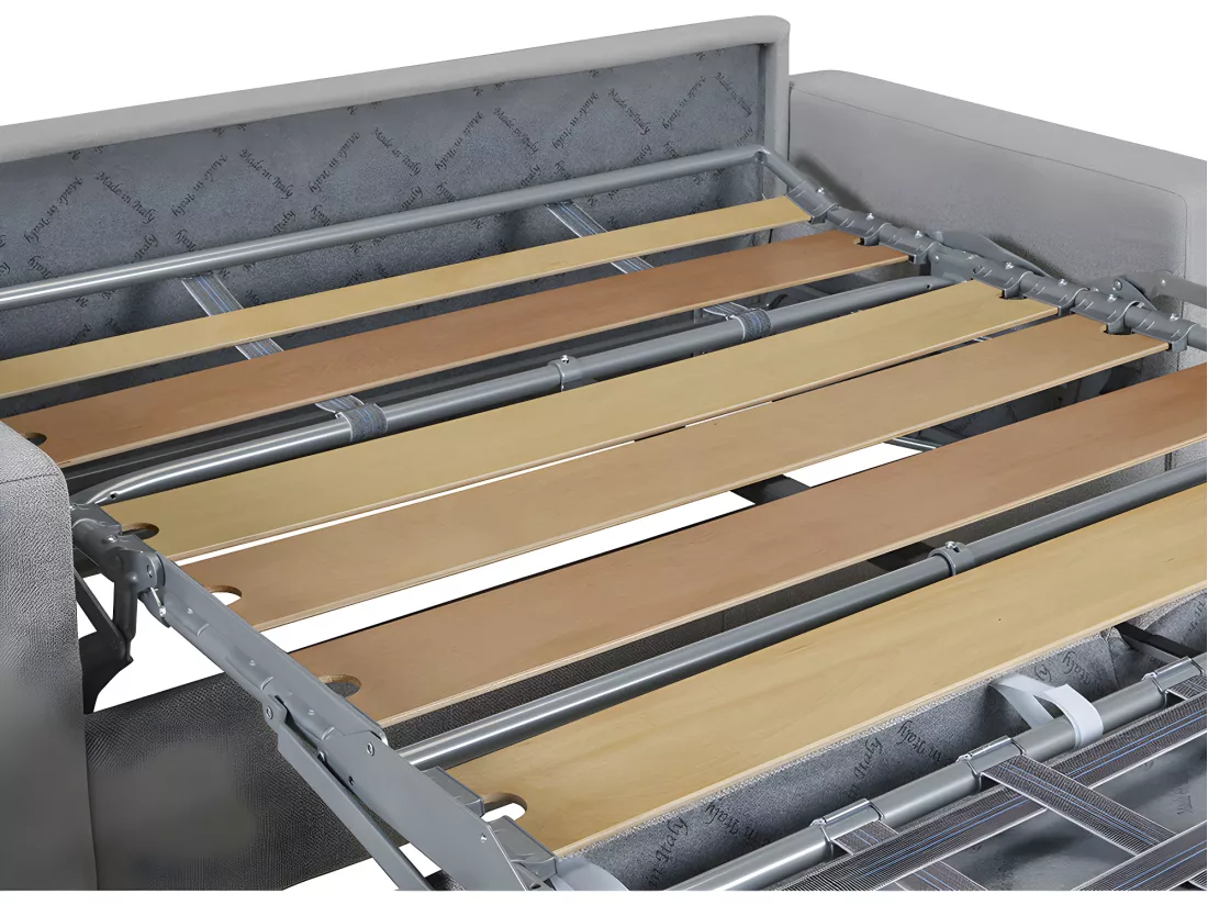 Canapé 3 places convertible express en simili gris - Couchage lattes larges 140 cm - Matelas 22 cm avec mémoire de forme CALITO