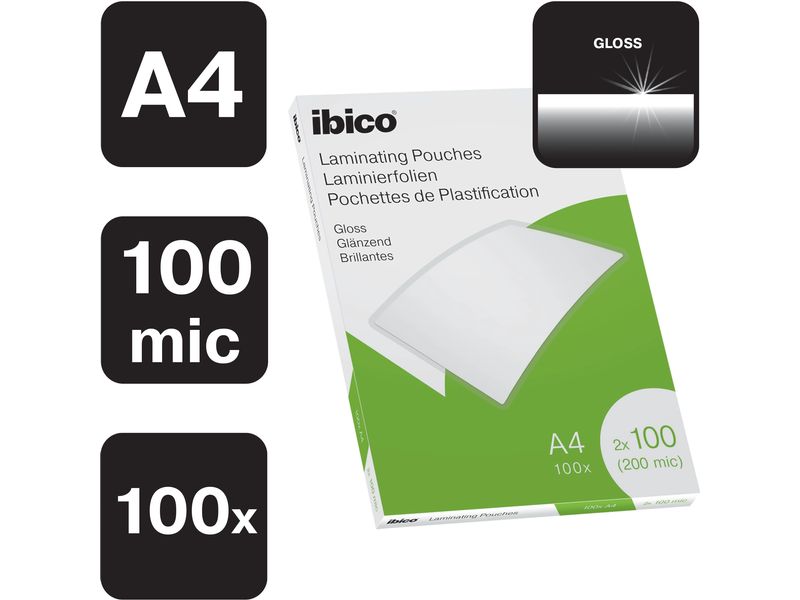 Ibico Laminierfolie Premium A4 100 µm, glänzend, 100 Stück Glänzende Premium Heisslaminierfolien